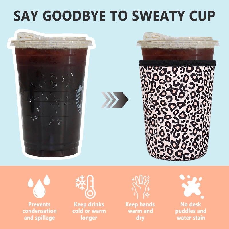 Xumbtvs 3 Pack Reusable Iced Coffee Sleeves - Xumbtvs Insulator Sleeve for Cold Beverages, Neoprene Coffee Cup Holder (Leopard print) - Image 4